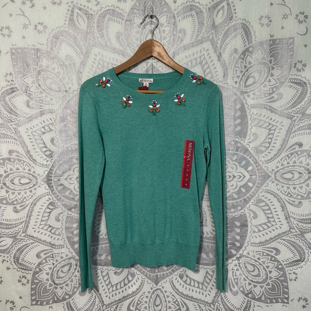 Nwt $29 Merona Target Long Sleeve Rhinestone Gem Sweater Shirt Top Turquoise XS